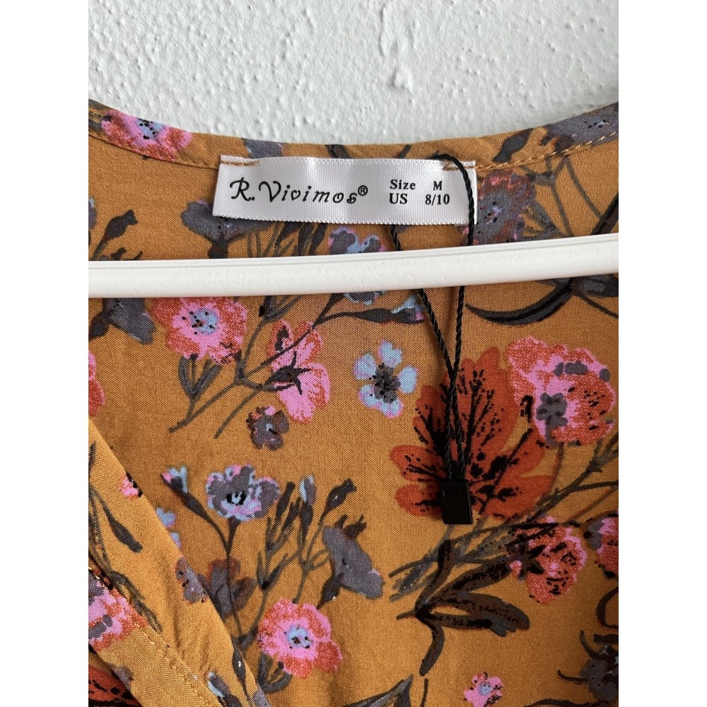 R. Vivimos Dress Womens Medium Brown Floral Boho Tassel Midi 3/4 Sleeve Peasant - Picture 2 of 6